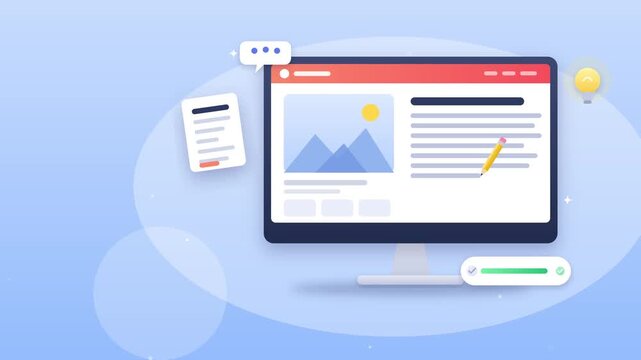 Modern computer monitor displaying creative content writing interface design, colorful vector animation motion clip for web development