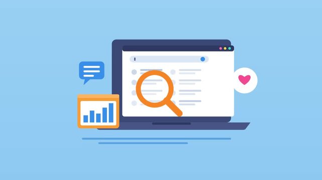 Digital browser search animation featuring interactive charts, magnifying glass, and vibrant social media icons in video footage