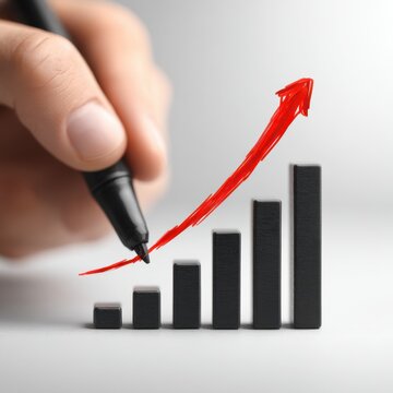 Hand drawing a red upward trend arrow over ascending black bar chart blocks representing business growth and performance improvement concept