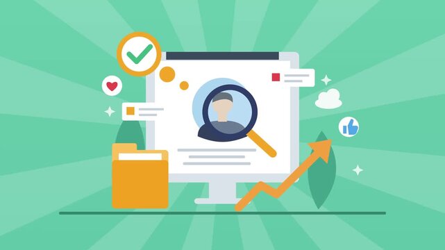 Animated search engine optimization computer screen showing magnifying glass and upward growth charts in motion video footage