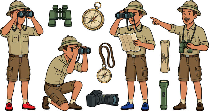 Safari Explorer Man Vector Character Set with Camping Gear Icons and Adventure Navigation Equipment Symbols for Travel Tourism and Wildlife Discovery Designs