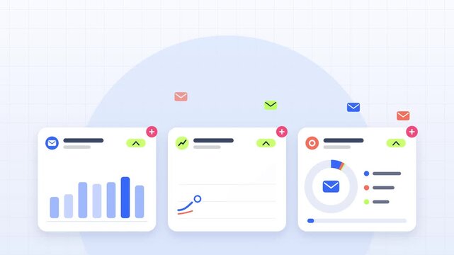 Digital dashboard motion graphics featuring colorful analytics charts and performance metrics in animation video footage