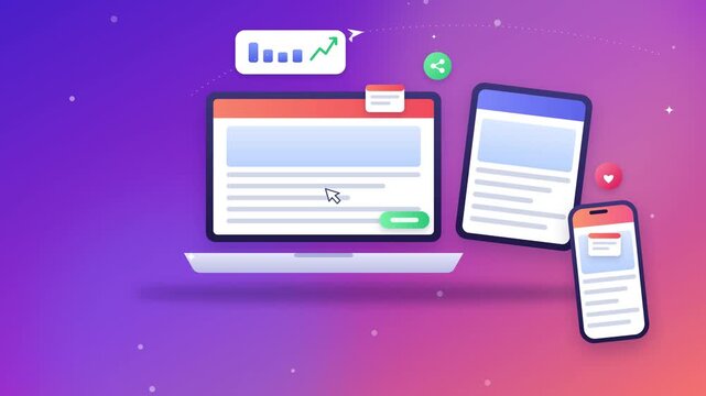 Responsive web design layout animation featuring laptop, tablet, and smartphone screens with colorful graphic interface motion elements video clip
