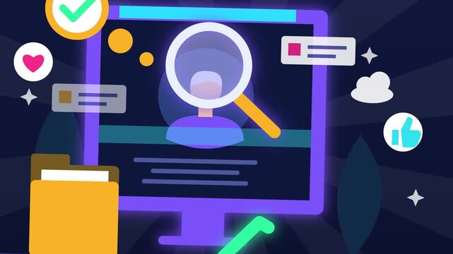 Animated vector graphic shows computer interface with magnifying glass and growing chart icons in motion video clip