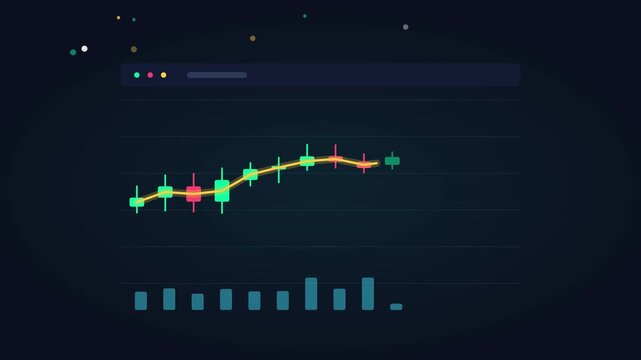 Financial chart with growing candlesticks and line showing upward market trend in digital video clip