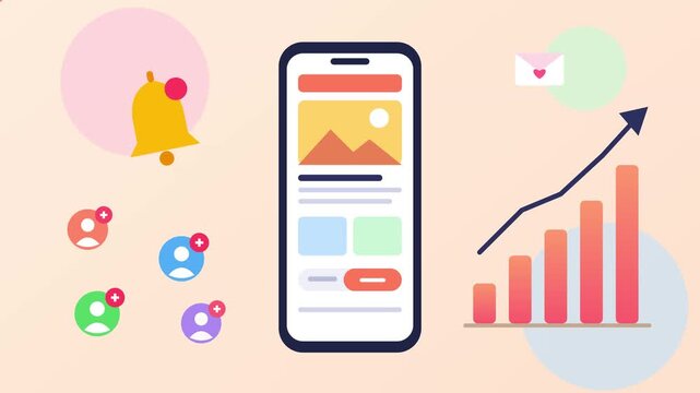 Mobile phone display showcasing responsive web design and analytics graphs in smooth digital animation clip