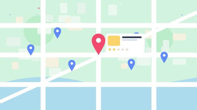 Dynamic digital map interface showcasing glowing location pins with review cards in animated vector stock footage