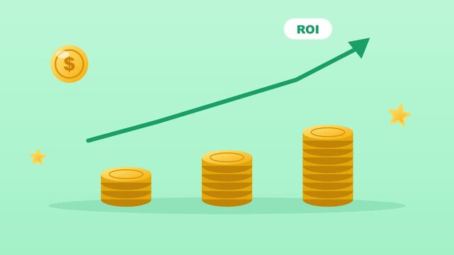 Financial growth animation showing rising coin stacks, investment returns, and arrow progress in flat vector video clip