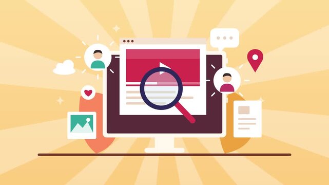 Animated computer monitor displaying search engine optimization data charts, marketing analytics, and traffic growth metrics video clip