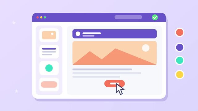 Digital website interface design animation showing cursor clicking interactive buttons in vibrant vector motion footage