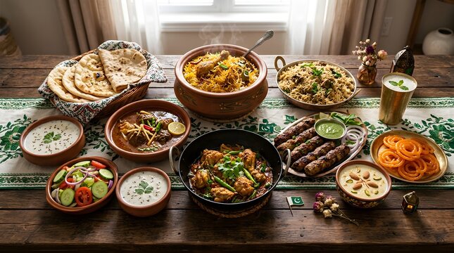 Traditional pakistani food spread on table featuring biryani, chicken karahi, seekh kebabs, and desserts for Pakistan independence day celebration banquet concept