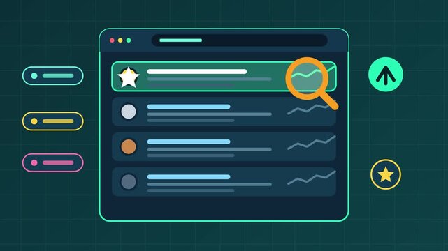 Modern UI vector animation displaying dashboard analytics interface with interactive charts and search magnifying glass graphic