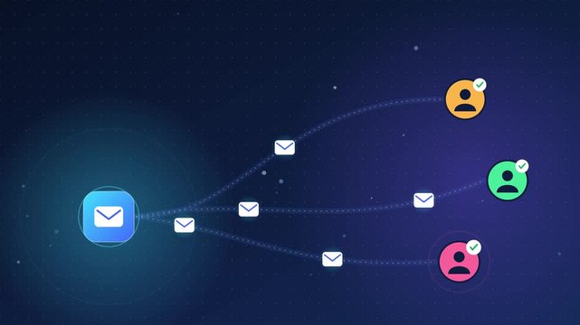 Digital communication network graphic animation showing multiple email icons flowing smoothly towards different user avatars in motion