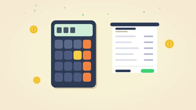 Digital calculator and financial receipt animation video showing successful accounting calculations with floating gold coins and checkmark