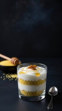 Fine dining presentation of African D&eacute;gu&eacute; layered millet and yogurt dessert in a glass verrine with honey and raisins against a dark textured background with dramatic negative space.
