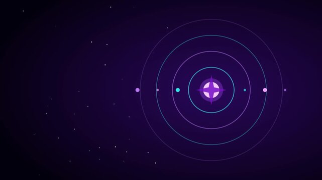 Vibrant purple solar system animation featuring glowing orbital rings and moving planets in deep space video footage