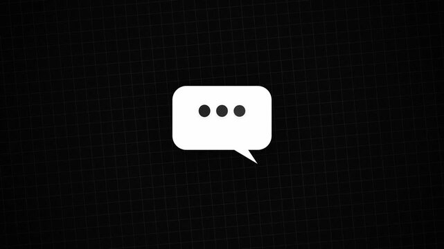 Minimalist chat icon with three ellipsis dots on a dark grid background, concept for instant messaging and online support, suitable for website UI and app design