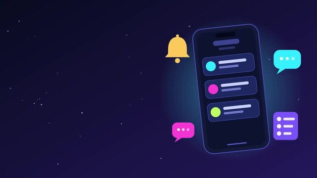 Smartphone displaying incoming push notifications with floating chat bubbles and alert bell icons in animated video clip