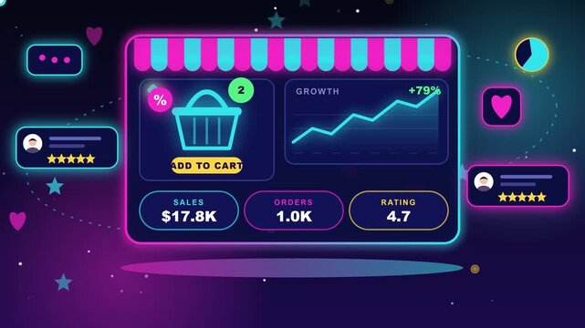 E-commerce dashboard digital interface with glowing neon sales growth charts and online shopping cart animation video clip