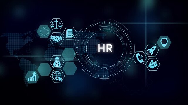Hr management digital interface with global business icons and hud technology human resources recruitment
