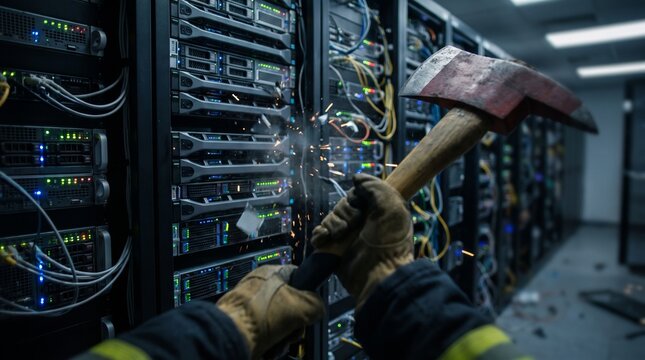 A person wearing work gloves striking a server rack with a heavy axe in a data center. first person view