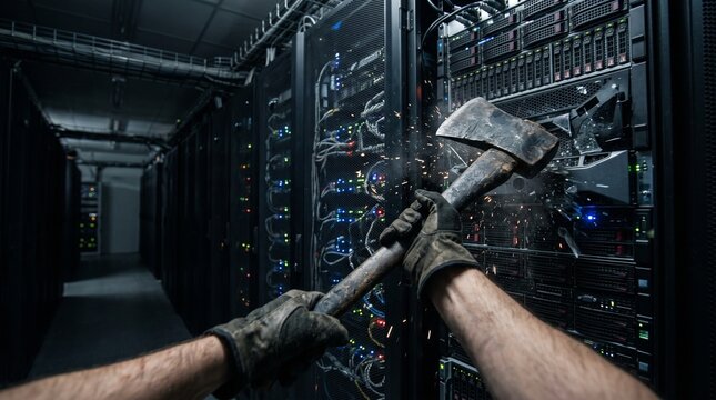 Close up of a person using an axe to destroy server hardware in a data center. first person view