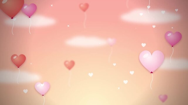 Heart shaped balloons floating upward through soft pink clouds in gentle motion stock video footage