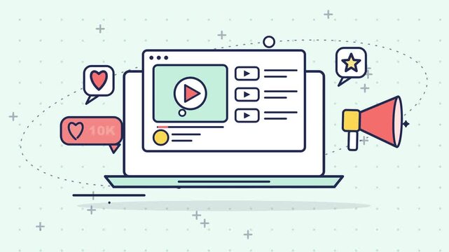 Animated vector illustration featuring a digital laptop screen playing media with floating icons and social network graphics