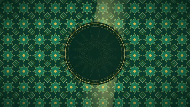 Islamic geometric pattern loop background featuring golden ornate circular mandala frame on dark green motion video footage