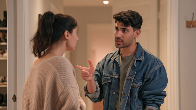 Serious young couple having a difficult conversation in a hallway at home during the evening