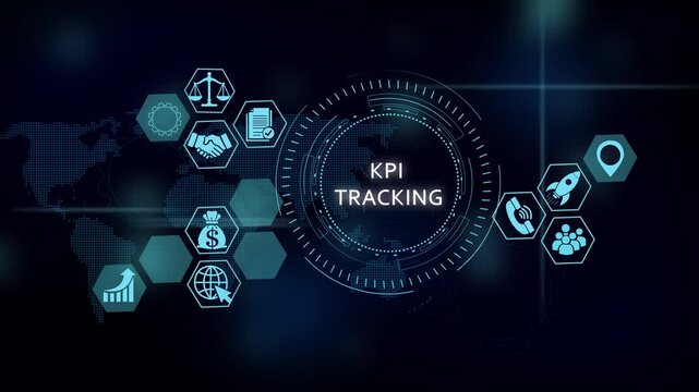 Kpi tracking digital hud interface with global business icons and data analytics motion key performance indicator