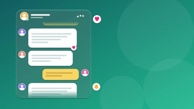 Animated social media chat interface mockup clip displaying modern messaging bubbles on transparent digital screen video footage