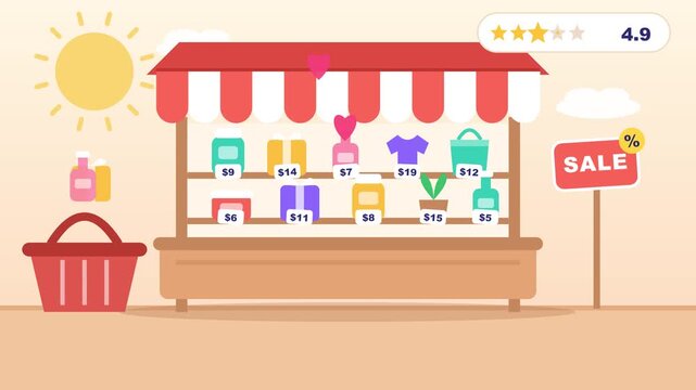 Animated shopping booth displays colorful products with price tags in modern flat design vector motion video footage