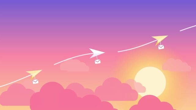 Animated paper planes carrying small white envelopes fly gracefully across a vibrant sunset sky video footage