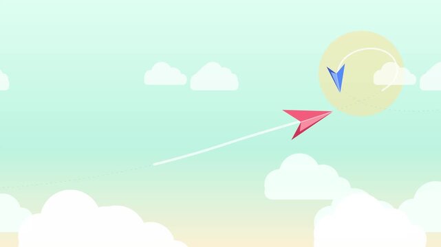 Two colorful paper airplanes flying fast across bright blue sky with white fluffy clouds digital animation video footage