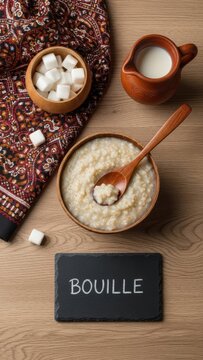 Minimalist flat lay of traditional African Bouille millet porridge in a calabash bowl with a chalkboard, clay milk jug, and textile on a wooden table.