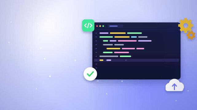 Animated programming code screen showing software development with gears, cloud uploading, and success checkmark video clip