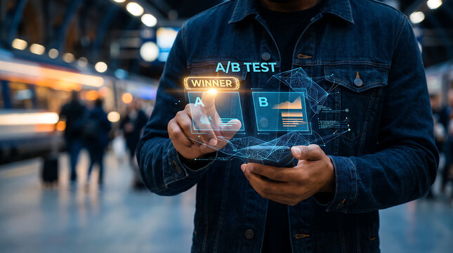 Person in a denim jacket using a smartphone to view an a/b test interface with a winner notification in a blurred train station lounge