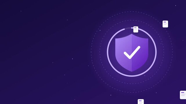 Purple shield cybersecurity icon with checkmark symbol spinning animation video clip