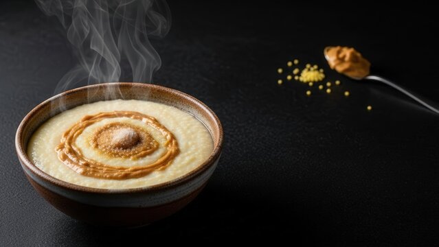 Fine dining presentation of creamy African Bouille millet porridge with a peanut paste swirl and steam in a rustic ceramic bowl on dark basalt with dramatic negative space.