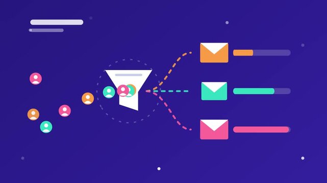 Animated marketing funnel process sorting colourful user icons into multiple email campaigns in digital motion video footage