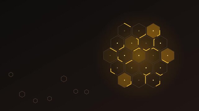 Glowing golden hexagonal cells moving in digital interface motion graphics stock video clip sequence