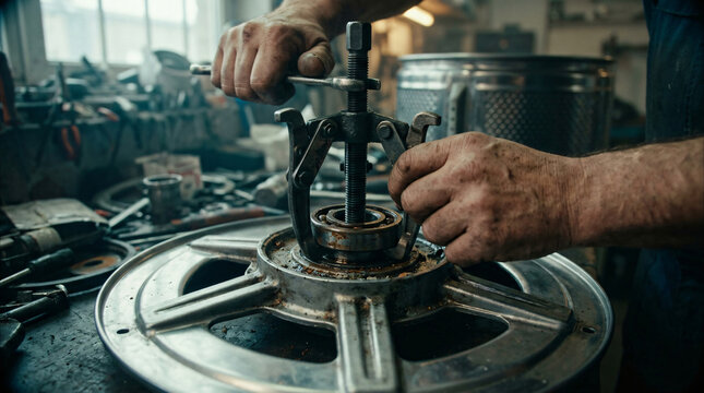 Mechanics hand using heavy metal bearing puller tool extracting worn steel ball bearing ring out large circular washing machine drum spider shaft node joint photo