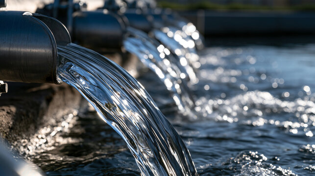 Fresh clear water flowing from metal industrial pipes into a pool. Symbolizes water supply management and infrastructure sustainability.