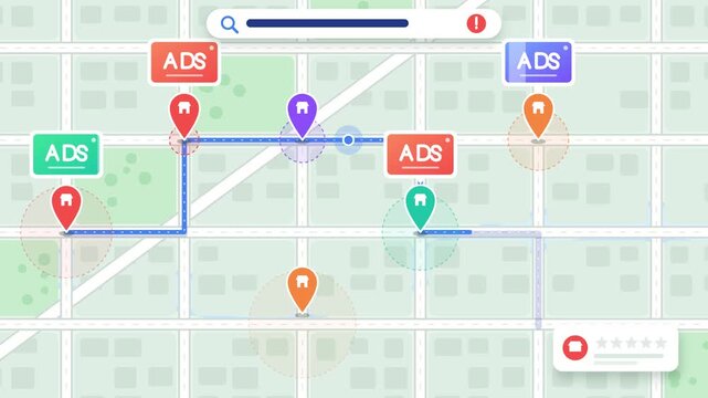 Interactive GPS navigation map animation showing moving routing pins and local advertisements in motion footage clip