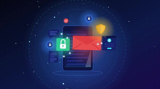 Cybersecurity data protection concept animation showing mobile phone safety icons and digital mail security video footage