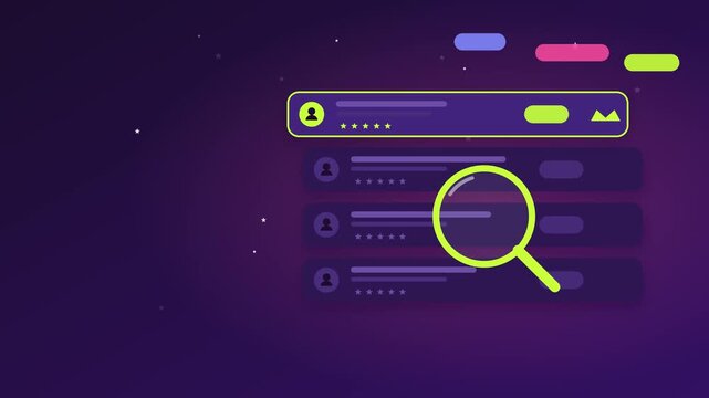 Digital interface search animation featuring magnifying glass inspecting user feedback reviews in motion video clip