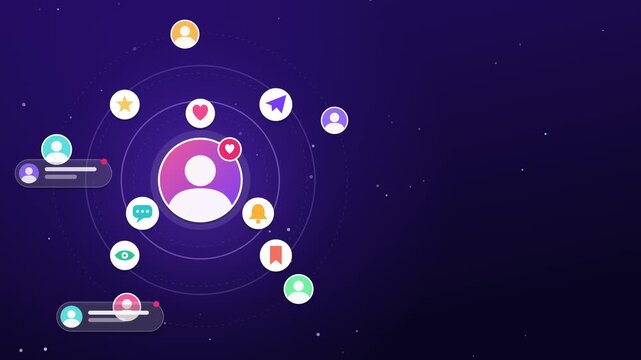 Social media network user profile icon surrounded by floating interactive notification symbols in motion video footage