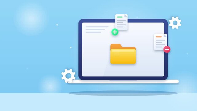 Computer screen displaying file management interface with documents and folder icons in smooth digital animation video clip