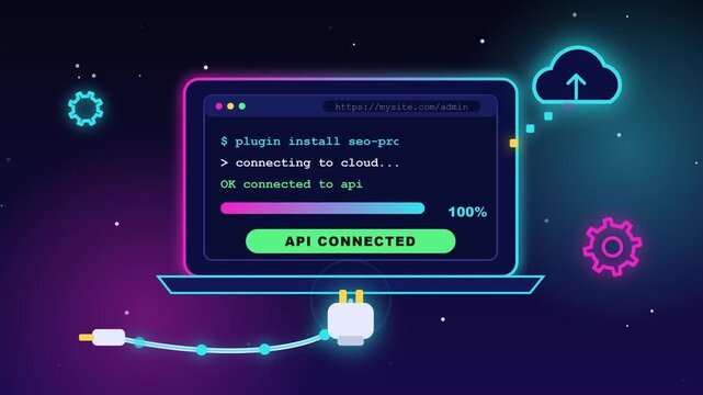 Animated software installation process displaying colorful terminal commands, progress bars, and neon cloud connectivity elements in stock video